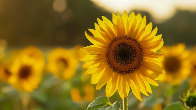 Primer plano del vibrante girasol amarillo en flor con el campo iluminado por el sol de girasoles en el fondo en