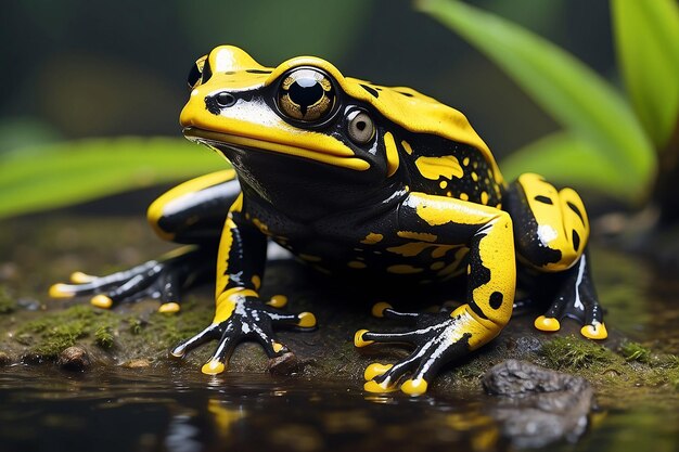 Primer plano de una vibrante rana amarilla y negra en un documental de vida silvestre