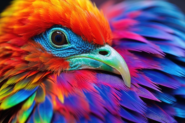 Primer plano de las vibrantes plumas de color arco iris de un pájaro creadas con IA generativa