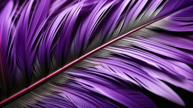 Un primer plano de las vibrantes plumas violetas que destacan sus intrincados patrones y textura