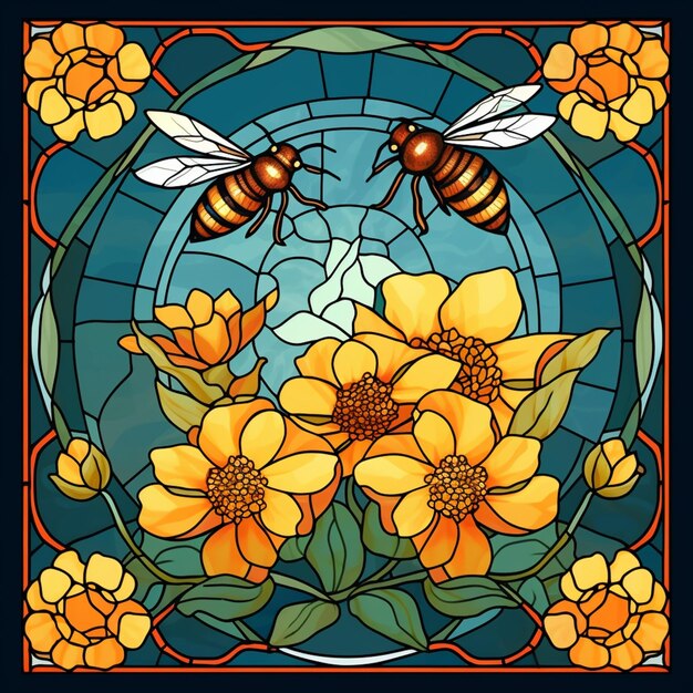 un primer plano de una vidriera con abejas y flores ai generativa