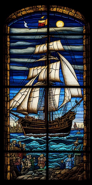 Un primer plano de una vidriera con un barco en el fondo ai generativo
