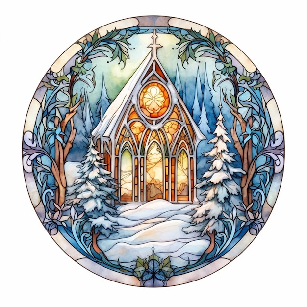 Un primer plano de una vidriera de una iglesia en la nieve generativa ai