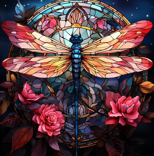 un primer plano de una vidriera con una libélula y rosas ai generativo