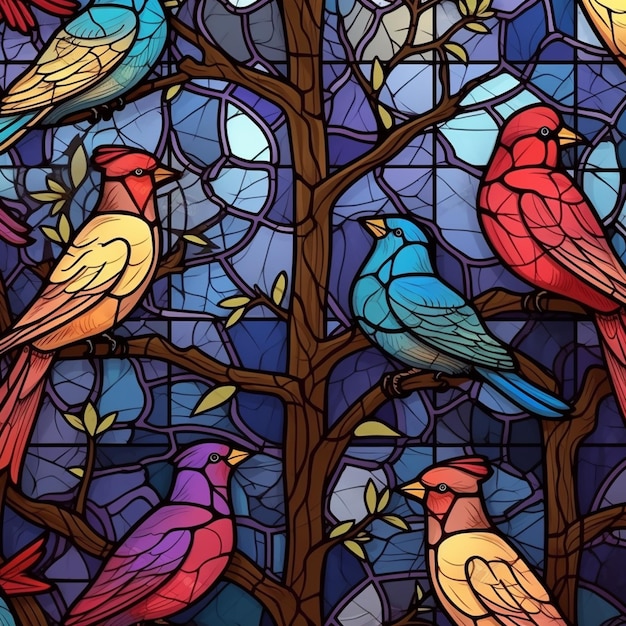 Un primer plano de una vidriera con pájaros en ella generativa ai