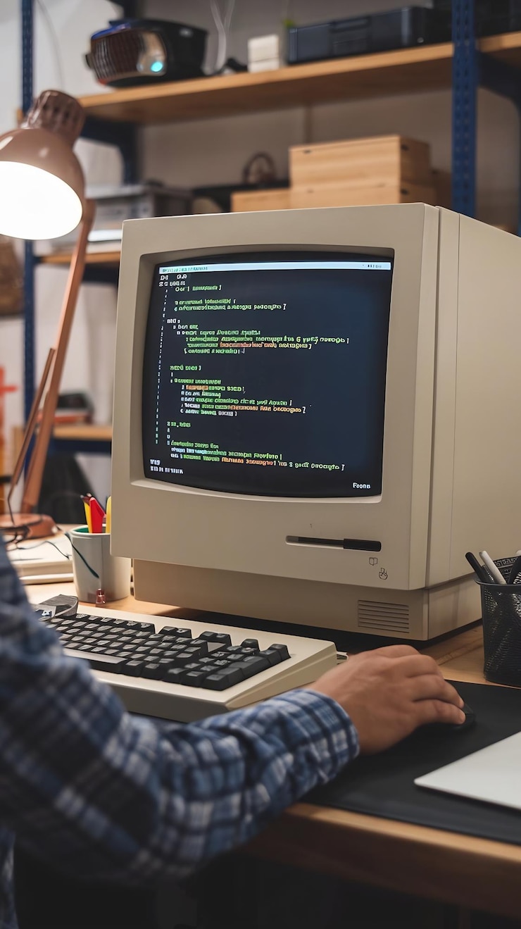 Foto un primer plano de una vieja computadora de escritorio en el escritorio de trabajo de un ingeniero de software en un garaje retro