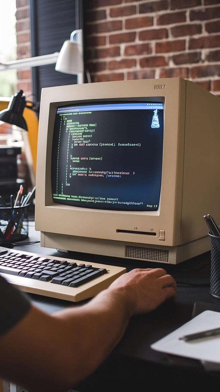 Foto un primer plano de una vieja computadora de escritorio en el escritorio de trabajo de un ingeniero de software en un garaje retro