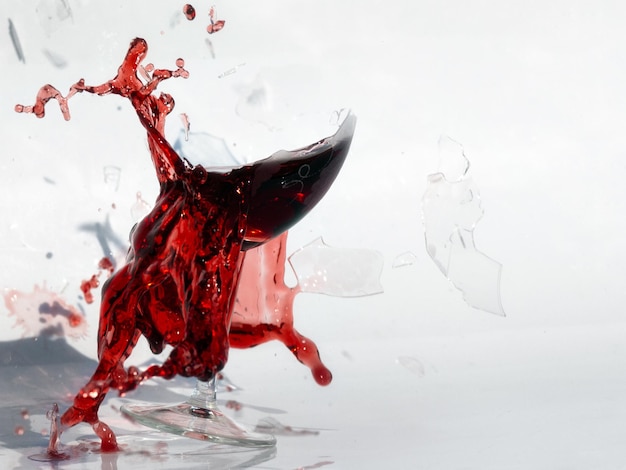Primer plano del vino derramado de un vaso roto