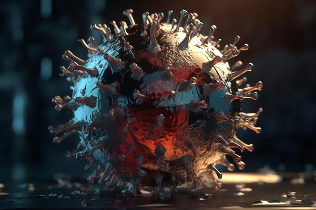 Un primer plano de un virus con una cara roja y un fondo negro
