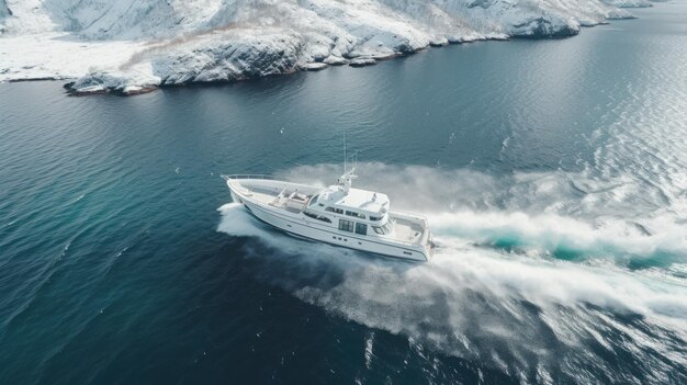 Primer plano Vista aérea del invierno en barco en el océano helado de Noruega