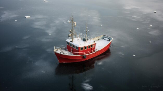 Primer plano Vista aérea del invierno del barco rojo en el océano helado