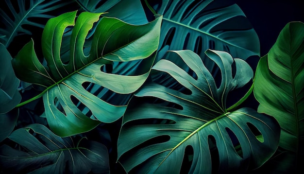Primer plano de la vista de la naturaleza de la hoja verde y las palmas de fondo Laicos plana concepto de naturaleza oscura hoja tropical