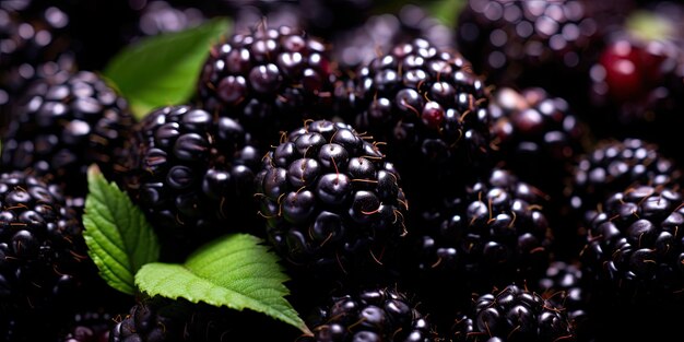 Primer plano vívido de jugosas moras que muestran su tono morado intenso y detalles intrincados AI Generative