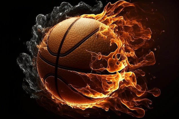 Primer plano volando una pelota de baloncesto realista en fuego y humo aislado sobre fondo negro