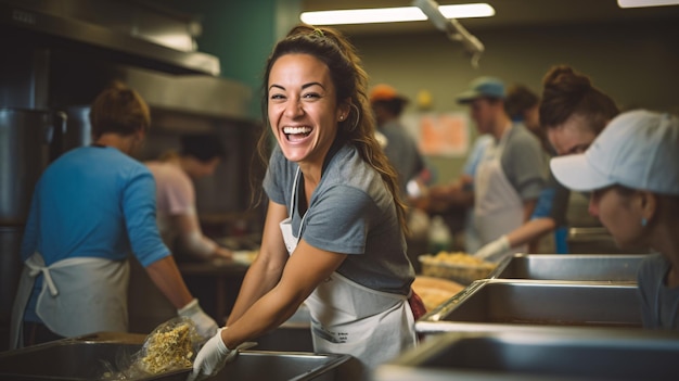 Foto primer plano de un voluntario sonriente trabajando en la cocina de una organización benéfica