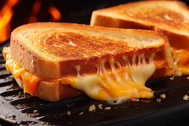 Primer plano de la vuelta de un sándwich de queso a la parrilla en una sartén