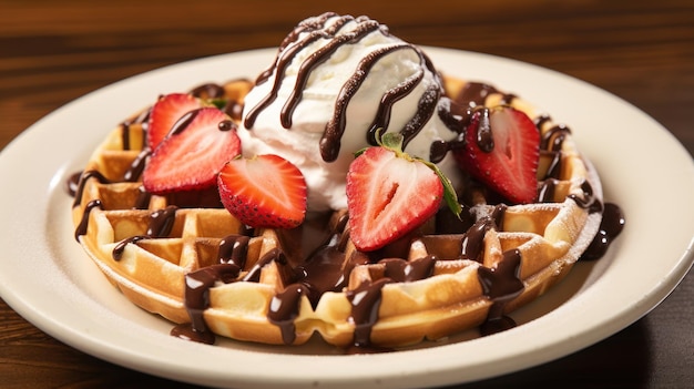 Foto un primer plano de un waffle con chocolate derretido y fresas fresas en la parte superior