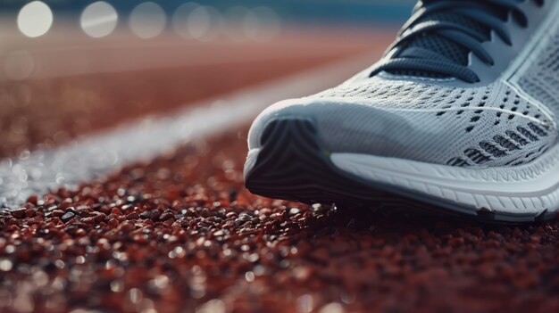 Un primer plano de una zapatilla de correr en una pista