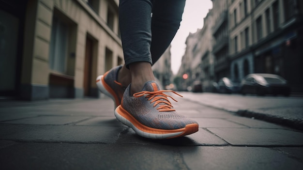 Primer plano de zapatillas en la calle al atardecer Al generado