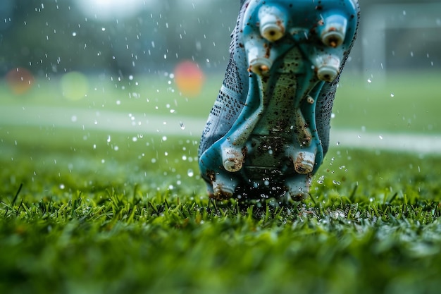 Foto un primer plano de un zapato de fútbol bajo la lluvia