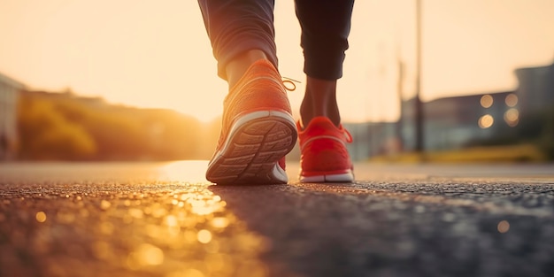 Primer plano en el zapato Pies de atleta Runner corriendo en la carretera bajo la luz del sol en la mañana AI Generativo