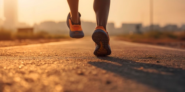 Primer plano en el zapato Pies de atleta Runner corriendo en la carretera bajo la luz del sol en la mañana AI Generativo