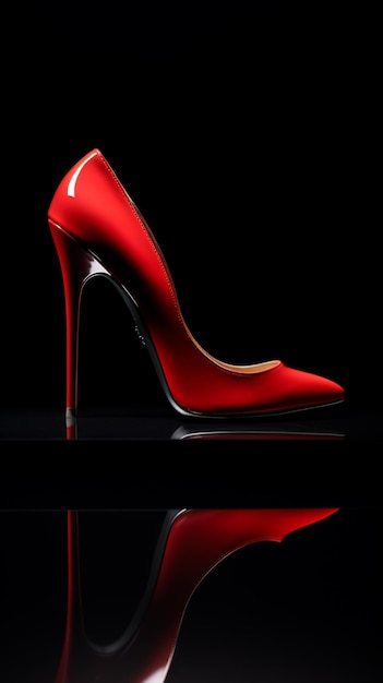 Un primer plano de un zapato rojo de tacón alto en una superficie reflectante generativa ai