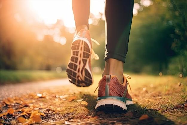 Primer plano de zapatos para correr de una mujer corriendo en la naturaleza