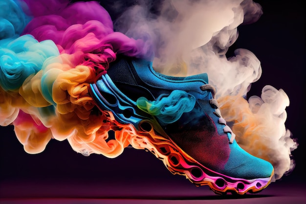 Foto primer plano de zapatos deportivos con humo colorido mágico mientras la persona está corriendo