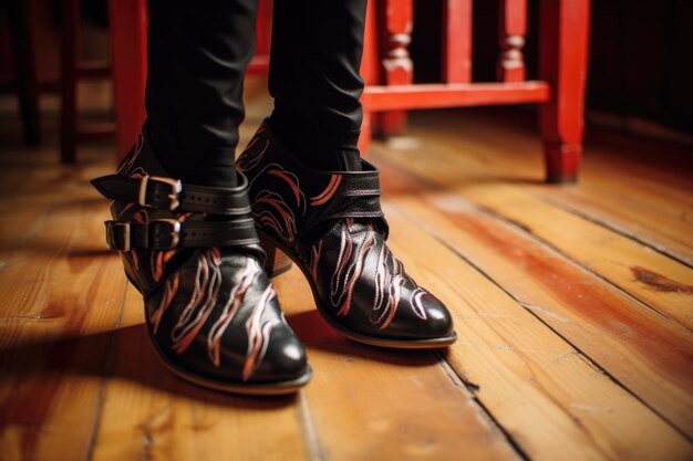 Primer plano de zapatos tradicionales de flamenco tocando el suelo de madera