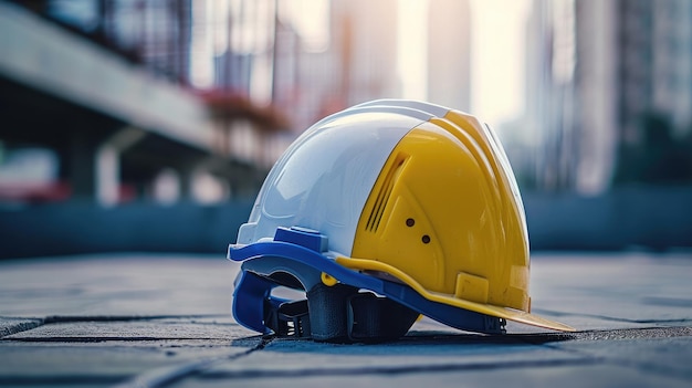 primer proyecto de seguridad del trabajador como ingeniero o trabajador o tripulación y concepto de negocio de seguros equipo de seguridad de construcción que incluye un casco de seguridad duro blanco amarillo y azul en el suelo de hormigón en la ciudad