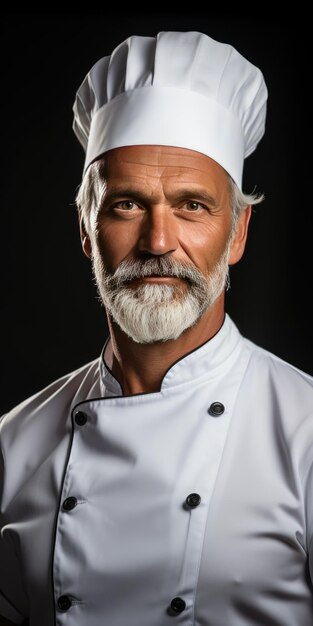 Primer retrato de un chef masculino con una túnica blanca sobre un fondo oscuro IA generativa