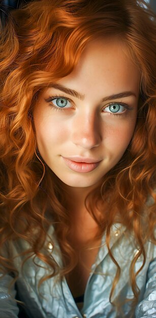 Primer retrato de una chica rubia muy sonriente con pelo largo y ojos azules posando en una playa rocosa