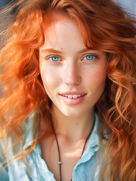 Primer retrato de una chica rubia muy sonriente con pelo largo y ojos azules posando en una playa rocosa