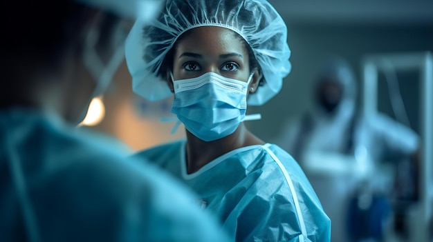Primer retrato de una cirujana contra el quirófano moderno creado con tecnología de IA generativa