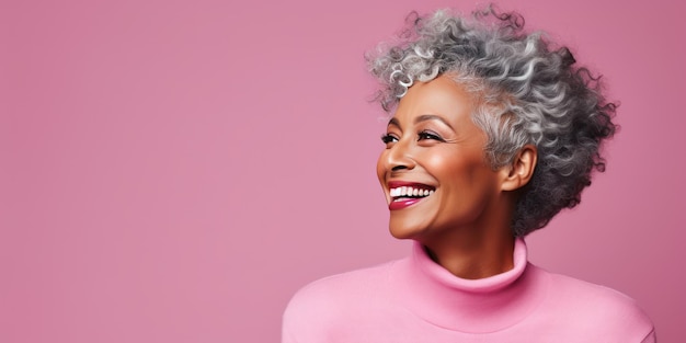 Primer retrato de una elegante y hermosa mujer afroamericana de unos 50 años. Lujosa mujer de mediana edad con el pelo corto y gris mirando el espacio de copia.