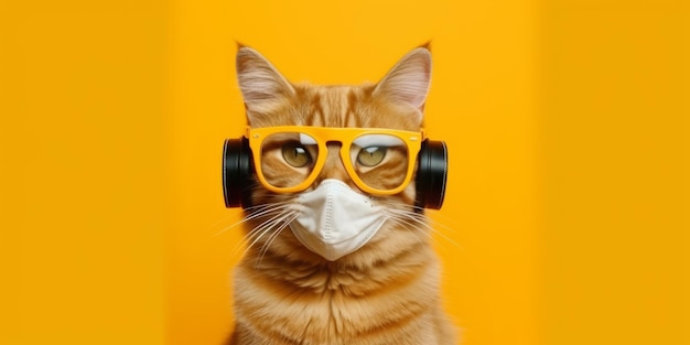 Primer retrato de un gato pelirrojo con gafas de sol y máscara médica protectora