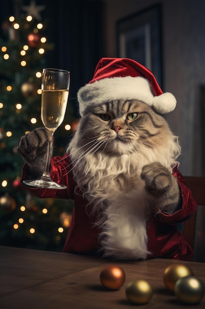 Primer retrato de un gato vestido como santa bebiendo vino celebrando la Navidad