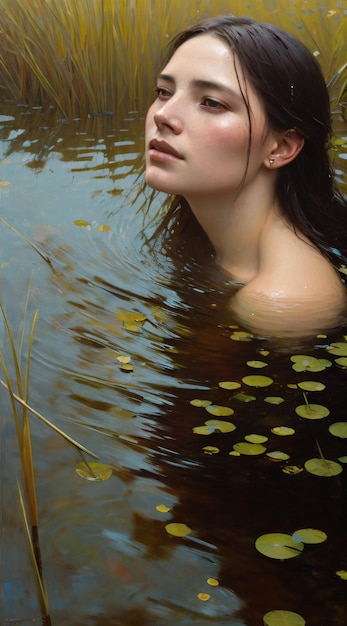 Primer retrato de una hermosa mujer bañándose en un río.