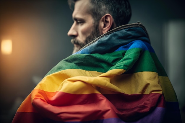 Primer retrato de un hombre barbudo con una bandera LGBT arcoíris