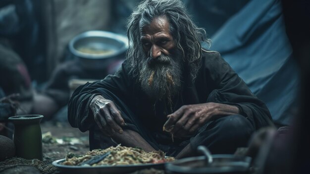 Primer retrato de un hombre sin hogar en una calle de la ciudad un vagabundo anciano con barba Desigualdad en la sociedad Ai generativa