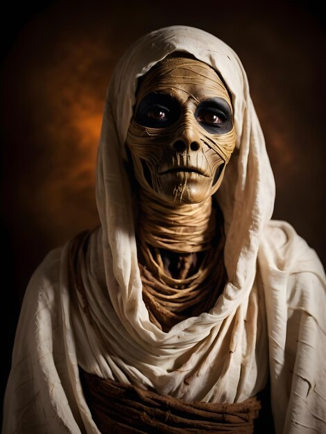 Foto primer retrato de una momia aterradora en la oscuridad película de terror de halloween