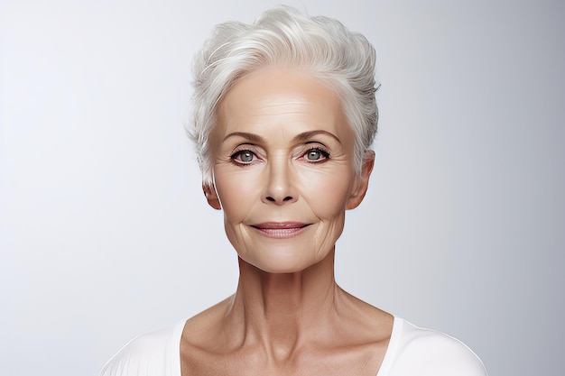 Primer retrato de una mujer hermosa y elegante de unos 60 años Concepto de cuidado de la piel Mujer de mediana edad lujosa con un peinado corto gris mirando a la cámara