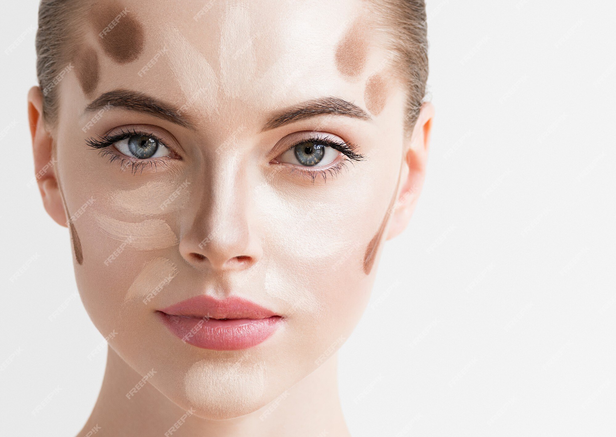 Primer rostro de mujer. muestra de maquillaje contour highlight. contorno profesional rostro fondo blanco. | Foto Premium Primer rostro de mujer. muestra de maquillaje contour highlight. contorno profesional rostro fondo blanco. | Foto Premium