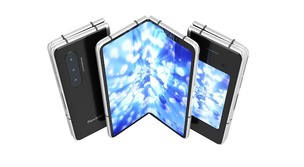 El primer teléfono de serie flexible con pantalla a color 3D en fondo blanco sin sombra