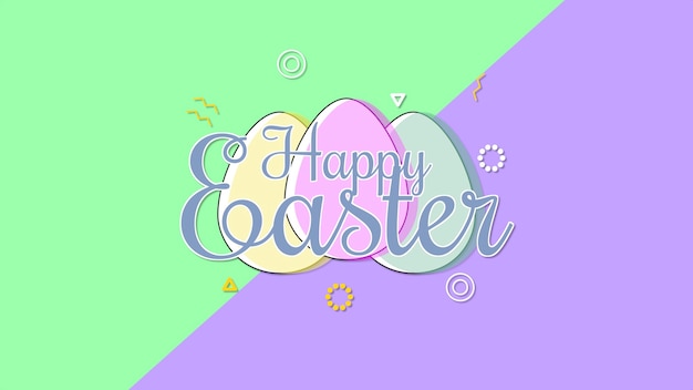 Primer texto feliz de Pascua y huevos sobre fondo morado y verde. Plantilla de estilo dinámico elegante y de lujo para vacaciones
