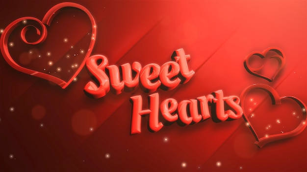 Primer texto de Sweet Heart y corazón romántico sobre fondo brillante del día de San Valentín. Ilustración 3D de estilo lujoso y elegante para vacaciones