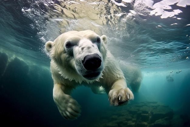 Primer tiro submarino de gran angular de un oso polar bajo el agua