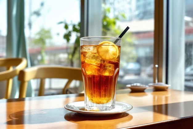 Primer vaso de cóctel de té helado long island decorado con menta en la mesa en el café AI generado