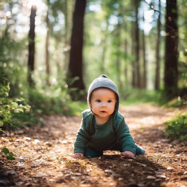 Foto la primera aventura de un bebé en el bosque